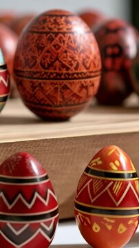 Handcrafted brown pysanka decorated with traditional folk geometric patterns displayed on wooden surface, creating a cultural holiday season background.