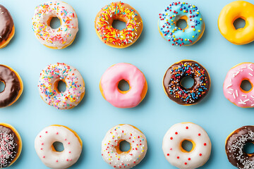 Colorful donuts with sprinkles arranged on a blue background.