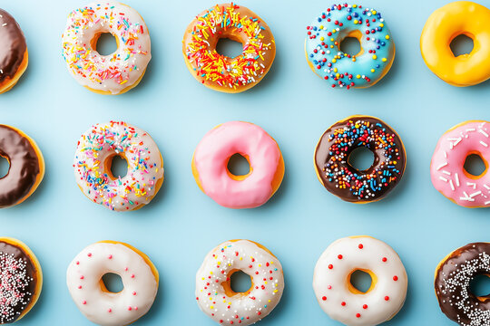 Colorful donuts with sprinkles arranged on a blue background.
