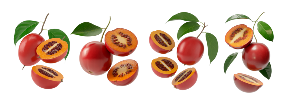 A whole red tamarillo fruit and its cross-sections, revealing a juicy, seed-filled interior and edible pulp, surrounded by green leaves. Ideal for health and food themes.