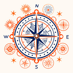 Decorative compass design with nautical elements and stars  