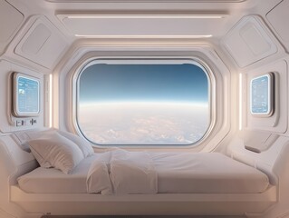 A futuristic, minimalist space capsule bedroom with a large window showing a breathtaking view of Earth"s atmosphere and clouds from orbit.