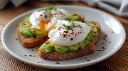 Poached Eggs on Avocado Toast with Fresh Herbs and Red Pepper Flakes