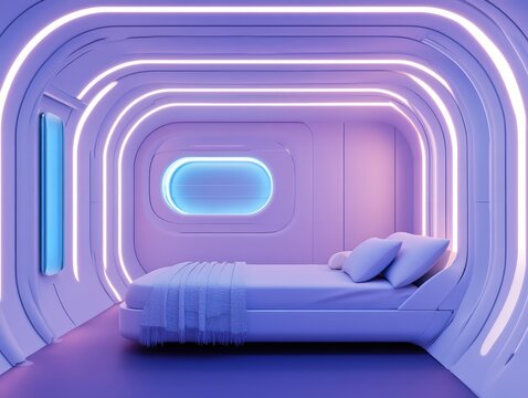 A futuristic bedroom with sleek, curved walls illuminated by neon blue and purple lighting, featuring a minimalist bed with pillows and a blanket.