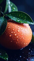 Close-Up of Fresh Orange with Water Droplets and Green Leaves. AI Generated