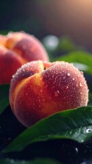 Close-Up of Fresh and Juicy Peach with Water Droplets and Leaves. AI Generated