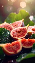 Fresh Ripe Figs With Dew On Leaves in Soft Morning Light. AI Generated