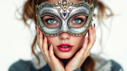 Shocked Young Woman in Carnival Mask on White Background, Realistic Expression