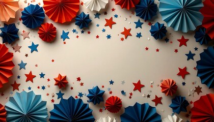 Patriotic Red White and Blue Decoration with Stars and USA Flag. AI Generated
