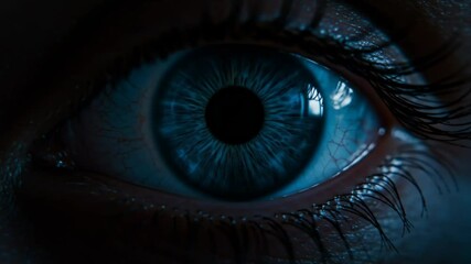 Close-up of blue eye in low light. Intense and mysterious look - Powered by Adobe