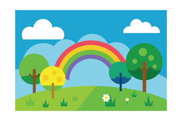 Obraz premium Vibrant Rainbow Over Lush Green Hillside A Colorful Nature Scene Illustration