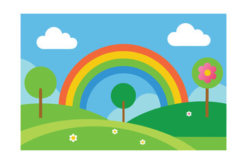 Fototapeta premium Vibrant Rainbow over Rolling Hills A Colorful Landscape Illustration
