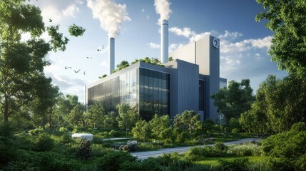 Modern industrial facility surrounded by lush greenery, showcasing a blend of nature and technology for eco-friendly energy solutions