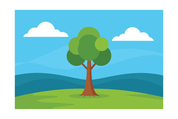 Fototapeta premium Serene Landscape A Single Tree on a Hill Under a Blue Sky with Fluffy Clouds