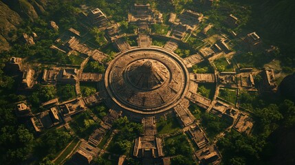 Sci-fi Aztec inspired circular megacity in a parallel universe 