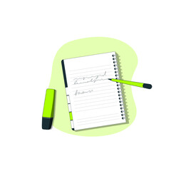 illustration vector graphic of a spiral notebook with handwritten notes, a green pen, and highlighter. perfect for education, study materials, planning, and productivity concepts.