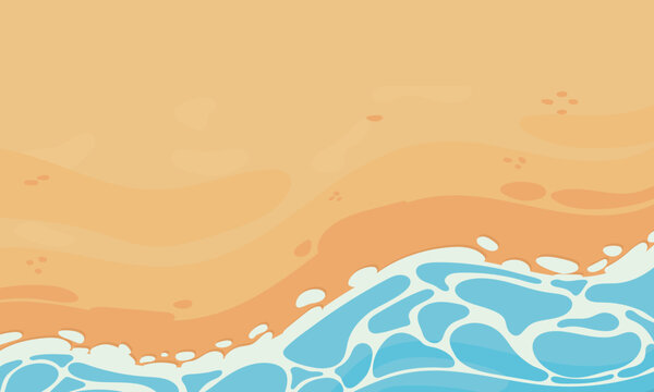 illustration vector graphic of a sunny beach shoreline with ocean waves reaching the sand. perfect for summer, vacation, or travel-themed designs.