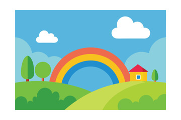 Fototapeta premium Vibrant Rainbow over Rolling Hills A Charming Landscape Illustration