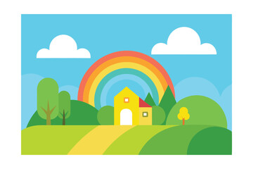 Fototapeta premium Rainbow over the Hill A Charming House in a Vibrant Landscape Illustration