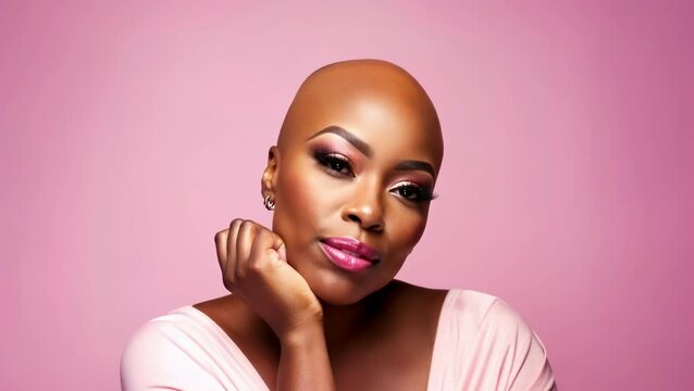Vibrant portrait of a smiling woman against a pink backdrop Captured at eye level, ideal for beauty video content with a joyful theme