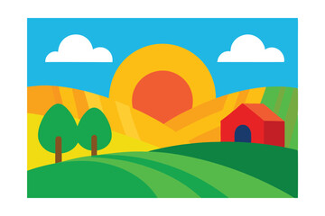 Fototapeta premium Sunset over Rolling Hills A Serene Farm Scene Illustration