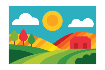 Fototapeta premium Sunny Day on Rolling Hills Farm A Vibrant Landscape Illustration