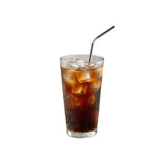 Refreshing iced cola drink in glass with straw isolated on transparent background