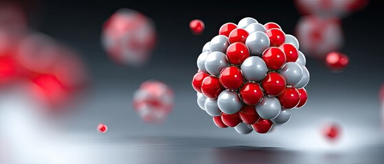 molecule nanoparticle concept. 3D illustration of atomic structure with red and white spheres representing protons and neutrons.