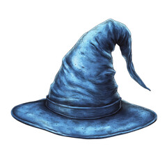 Blue wizard hat with intricate texture and folded tip on transparent background