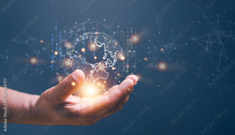 Poster Digital link tech. Media and data connection for business concept. Businessman holding global technology and media digital network connection. Big data analytics and business intelligence.