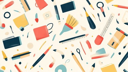 Colorful Artistic Supplies Seamless Pattern Background featuring pencils brushes and stationery