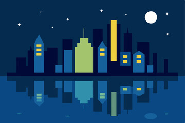 Naklejka premium Moonlit city skyline with snow-covered buildings and a dark, starry sky