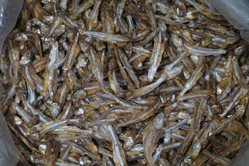 Mixed dried fish are displayed and sold at a fish market. Different types of dried fish along with hilsa are sold by a street vendor. All types of dried salted fish in the Asian biggest seafood market