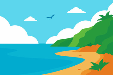 Tropical island beach landscape with palm trees, blue sky, and ocean waves