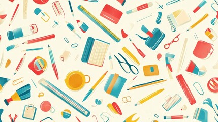 Colorful Stationery Supplies Seamless Pattern Background Design featuring pencils, rulers, erasers, and more office supplies