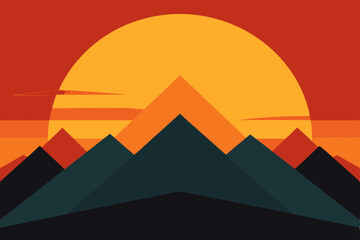 Golden Egyptian pyramids at sunset in a desert landscape, a travel vector illustration