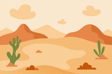 Vector illustration of a desert landscape with palm trees at sunset