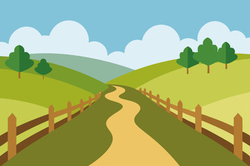 Obraz premium Green summer landscape with a country road, rolling hills, and a blue sky with clouds