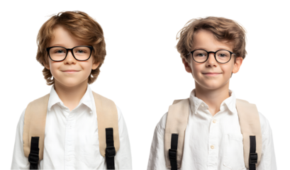 Two smiling boys, isolated on transparent background, wear matching beige backpacks and blackframed glasses
