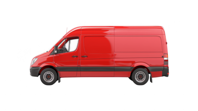 Red cargo van side view displaying smooth surface and functional design on transparent background