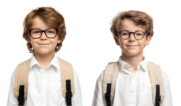 Two smiling boys, isolated on transparent background, wear matching beige backpacks and blackframed glasses
