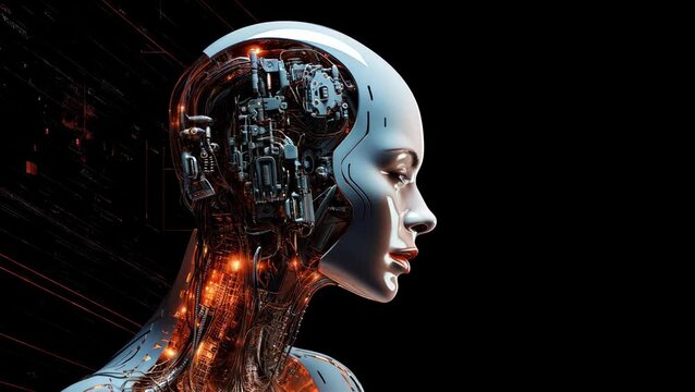 Futuristic cyborg profile with intricate circuitry, captured in a side angle Perfect for a sci-fi video exploring AI and technology themes