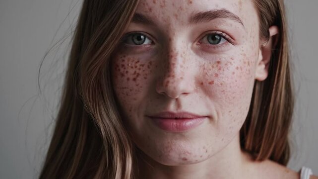 Young woman with freckles displaying subtle, serene emotions through gentle facial expressions, capturing natural beauty and genuine feelings in close-up studio portrait