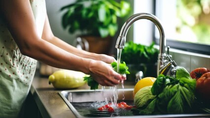 Close-up angle of hands washing vegetables in a kitchen sink, with vibrant greens and yellows Ideal for a cooking video concept