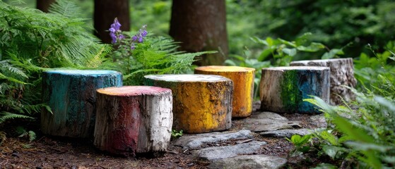 Fototapeta premium tree seats handmade concept. Colorful tree stumps in a lush green forest setting, surrounded by ferns and plants.