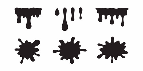 Black ink drip vector set, liquid splash design elements, paint splatter graphic resource for designers silhouette, vector art