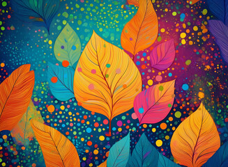 Brightly colored leaves in orange, yellow, pink, and blue hues are scattered across a speckled, vibrant background.