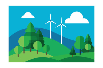 Fototapeta premium Green Energy Landscape Wind Turbines and Lush Forests in Harmony