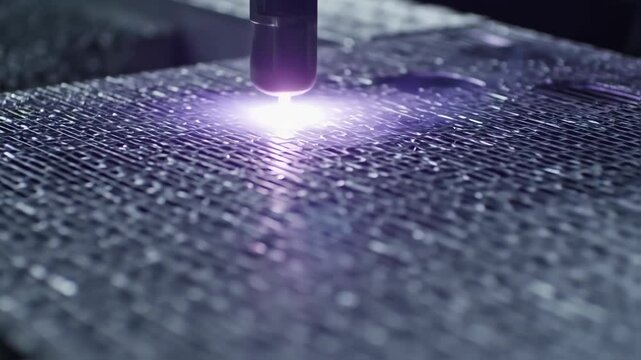 Automated plasma cutting system creates intricate metal lattice pattern with precision and concentrated beam technology in manufacturing process