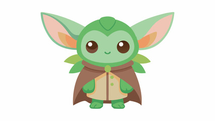 Adorable Pastel Green Forest Goblin with Oversized Ears Wearing Brown Cloak on White Background fantasy creature